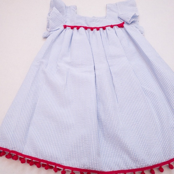 Seersucker & bright pink pom-pom trim dress (3T) - Picture 13 of 16